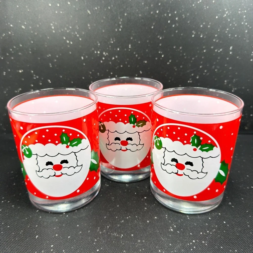 Tom Collins Santa Claus Christmas Drinking Glasses Red Polka Dot Holly Set of 3
